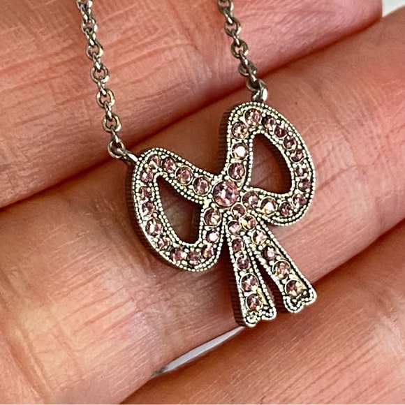 Coach Jewelry - Coach Pink Bow Necklace Swarovski Crystal Silver Tone 16" Adjustable Signed